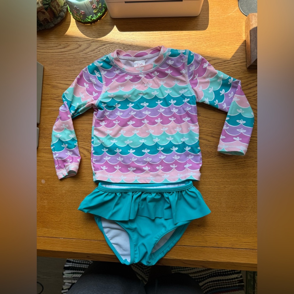 RuffleButts 2T Colorful Girl’s Toddler Swim Set with Long Sleeve Top